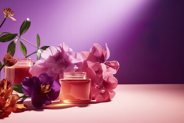 Moisturizing beauty cream for skin care and spa cosmetics with gradient background and flowers