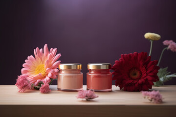 Skin care concept with hand cream in jars and flower decoration