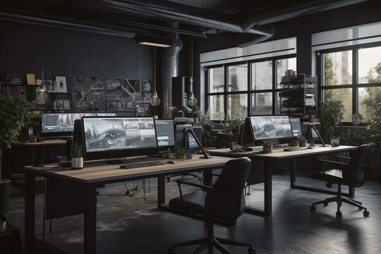 3D-rendered open office work area. Generative AI