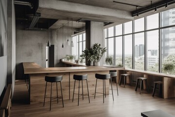 A contemporary coworking space with a blank wall for customization. Wood, concrete and a panoramic cityscape. Legal and corporate theme. Generative AI