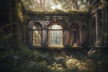 A painting of a woodland ruin with a shattered window. Generative AI