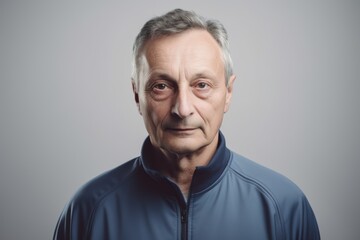 Obraz premium Portrait of an elderly man in a blue shirt on a gray background