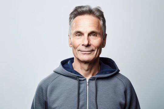 Portrait of a smiling senior man in hoodie over grey background