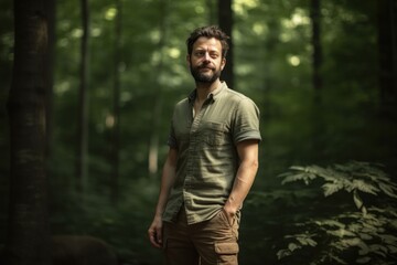 Portrait of a handsome bearded man in a green shirt in the forest