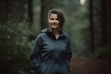Portrait of a smiling middle-aged woman in a dark forest