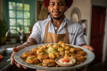 Experience the Essence of Dominican Cuisine as a Skillful Chef Presents a Platter of Mangu, a Tasty Local Breakfast Dish



