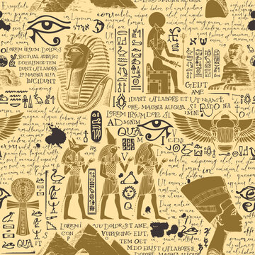 Seamless pattern on an Ancient Egypt theme with color images of Egyptian gods and handwritten text lorem ipsum. Vector abstract background in retro style. Wallpaper, wrapping paper, fabric