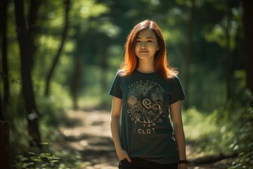 Fototapeta premium Portrait of a red-haired girl in a dark forest.