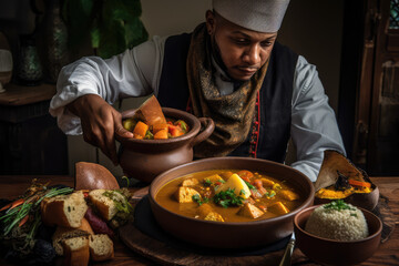 Sancocho Splendor. Dominican Chef Presents Flavorful Platter. Culinary Heritage. Chef from the Dominican Republic Showcases Sancocho.



 - obrazy, fototapety, plakaty