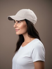 beautiful young woman in baseball cap looking at camera isolated on grey
