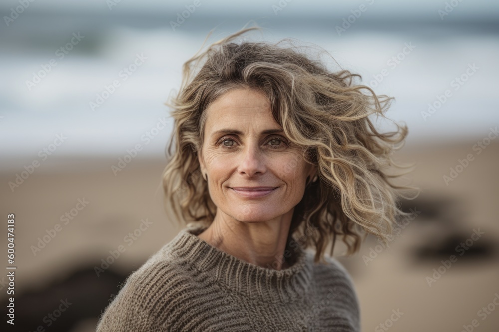 Sticker Medium shot portrait photography of a pleased woman in her 40s wearing a cozy sweater against a beach background. Generative AI