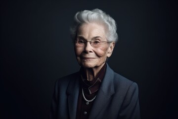 Portrait of an old woman on a dark background. Senior woman with gray hair and glasses.