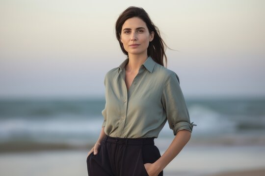 Lifestyle portrait photography of a pleased woman in her 30s wearing a smart pair of trousers against a beach background. Generative AI