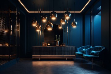 Innovative decor in bronze and navy blue, with striking neon symmetry. Award-winning design in 8k HD makes this interior unique. Generative AI