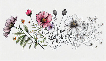 A bunch of small beautiful flowers in line drawing clipart with white background Ai generated image