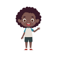 Cute cartoon little african girl waving her hand. Little schoolgirl character. Vector illustration