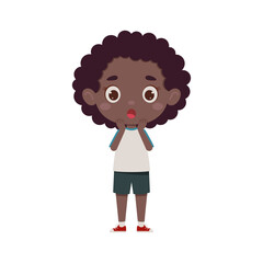 Cute cartoon little scary african girl. Little schoolgirl character show facial expression. Vector illustration