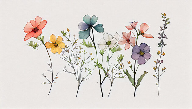 A bunch of small beautiful flowers in line drawing clipart with white background Ai generated image