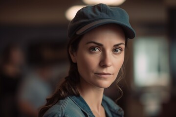 Portrait of beautiful young woman in cap looking at camera in cafe