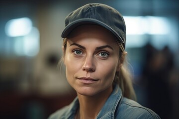Portrait of serious woman in cap looking at camera in quest room