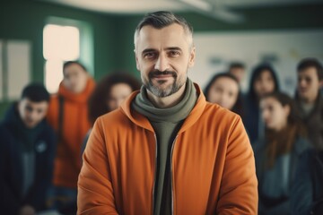 Portrait of a man in an orange jacket on a background of a group of students