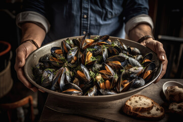 Taste of the Sea. Indulge in the flavors of the ocean with a platter brimming with fresh mussels, expertly prepared by a Normandy chef. A seafood delight. AI Generative