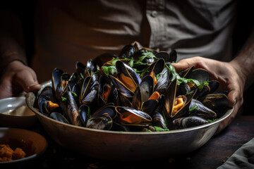 Taste of the Sea. Indulge in the flavors of the ocean with a platter brimming with fresh mussels, expertly prepared by a Normandy chef. A seafood delight. AI Generative - obrazy, fototapety, plakaty