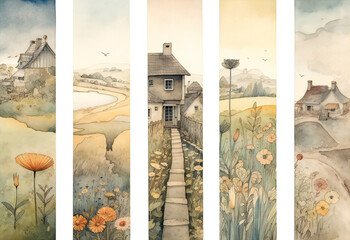 Different watercolor bookmarks, with beautiful rural landscapes. Created with Generative AI technology. - obrazy, fototapety, plakaty