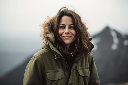 Portrait of a beautiful woman in the mountains on a foggy day