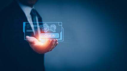concept  of intelligent technology (Ai) or digital transformation .Businessman showing virtual screen chatbot on hand to manage big data and business process with futuristic technology innovation