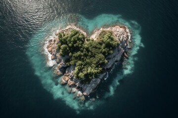 A heart-shaped island for lovers seen from above. Perfect for a romantic vacation. Generative AI