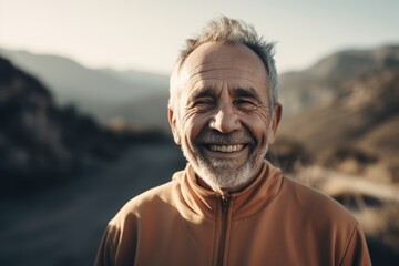 Portrait of a smiling middle-aged man in the mountains.