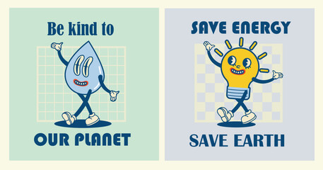 Happy Earth Day retro cards with slogan. Vintage nostalgia cartoon planet mascot character with smiling face. Globe with peace hand gesture. Environment friendly recycle concept.