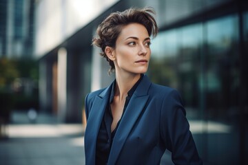 Portrait of a beautiful young business woman in a blue suit.