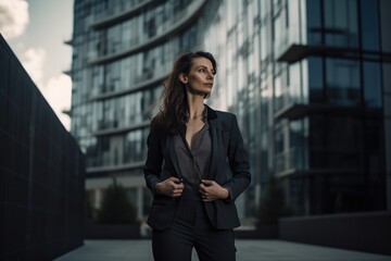 Fototapeta premium Full-length portrait photography of a satisfied woman in her 30s wearing a classic blazer against a modern architectural background. Generative AI