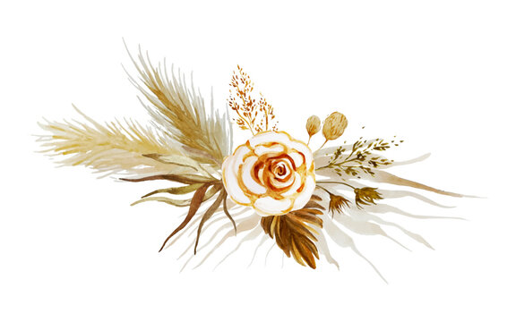 Watercolor floral dried tropical palm leaves, dry pampas grass, rose.
Isolated collection for Save the Date, baby shower invitation cards, wedding wreath, bouquet frames, decoration design elements - Powered by Adobe