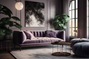 A 3D illustration of a soft purple sofa in a modern minimalistic living room. Cosy and creative advertisement concept. Generative AI