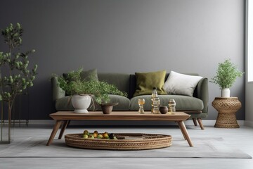 Mockup of traditional living room with grey sofa, green throw, wooden coffee table, and olive twigs in vase on white wall background. Generative AI