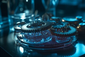 Clear blue gears and cogs at work on a sky blue plate under spotlight background. Industrial machinery in 3D rendering. Generative AI