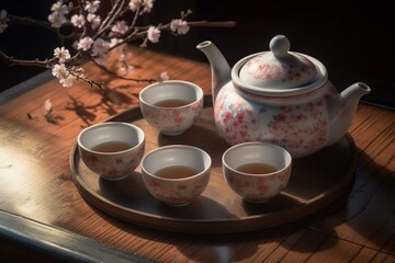 Obraz na płótnie Canvas Illustration of a classic Asian tea ritual with sakura flowers, white teapot, and cups. Generative AI