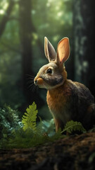 Fototapeta premium Illustration of a rabbit in a forest scene. Created with Generative AI technology.