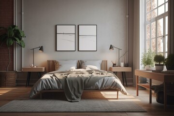 Render of urban bedroom with contemporary design, in Scandinavian style, on a spring morning. Generative AI
