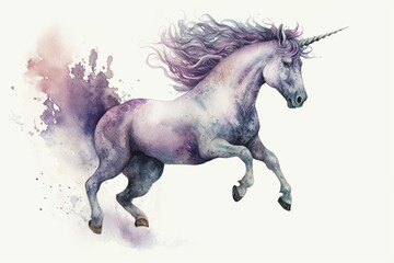 Naklejka na ściany i meble Watercolor painting of a fairy tale creature - a white unicorn with curly violet hair - jumping. Clip art of a mythical animal isolated on a white background. Generative AI