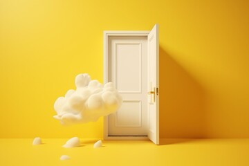 White clouds fly out of an open door in a surreal dream scene with isolated objects on a yellow background. Minimal and modern abstract metaphor. Generative AI
