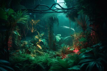 Fototapeta na wymiar Neon-framed jungle with fluorescent tropical plants. Generative AI