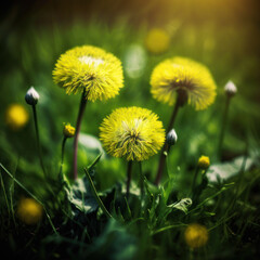 Yellow dandelions in green grass on a lawn. Ai Generated