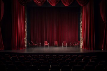 Red stage drapes and auditorium chairs. Generative AI