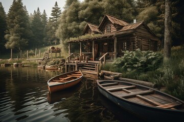 A cabin on a lake with a boat and dock in foreground and another cabin in the background. Generative AI