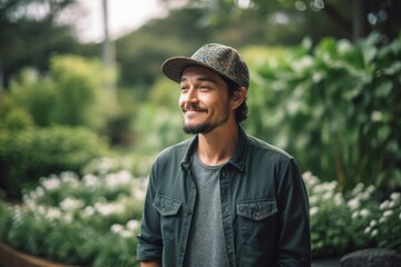 Portrait of a smiling Asian man wearing a hat in the garden