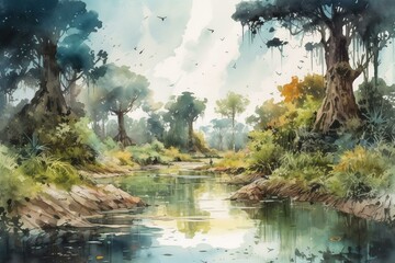 Anime-inspired watercolor painting of a magical bayou landscape. Generative AI - obrazy, fototapety, plakaty